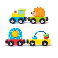 Trenulet din lemn Locomotiva cu 3 vagoane cu Arici si Jucarii mobile cu bila si margele si cuplaje magentice Trenulet din lemn Locomotiva cu 3 vagoane cu Arici si Jucarii mobile cu bila si margele si cuplaje magentice